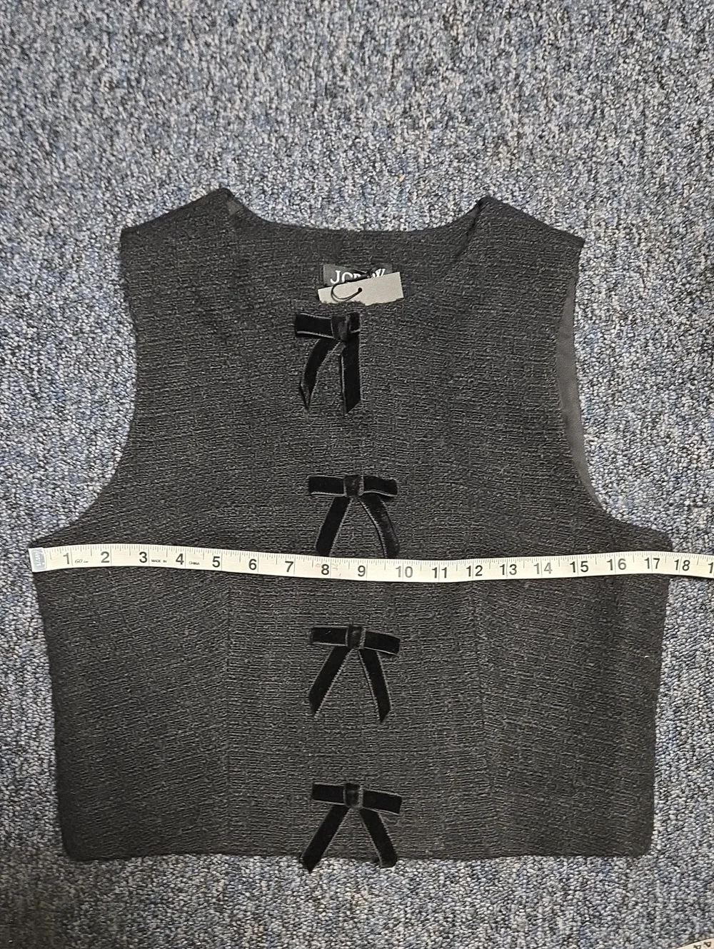 NWT J. Crew Ora Tessuti Fabric Black Tweed Crewneck Vest With Velvet Bows Size 6